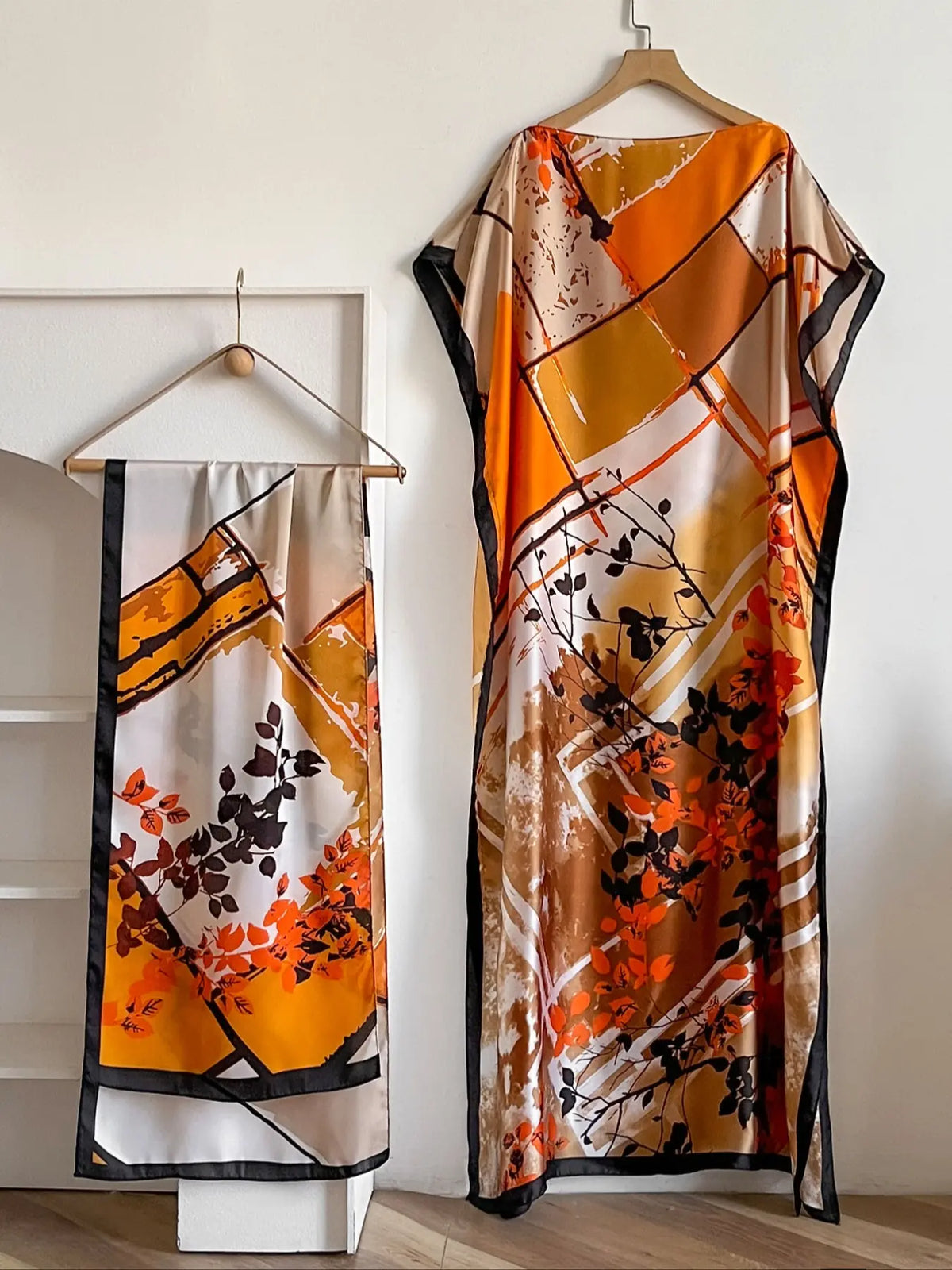 Women's Fashion Print Long Robe Outfit Set, Moomoo Dress + Scarf Headband, Casual Woven Fabric Thin All-Season Wear, Beach Sun Protection