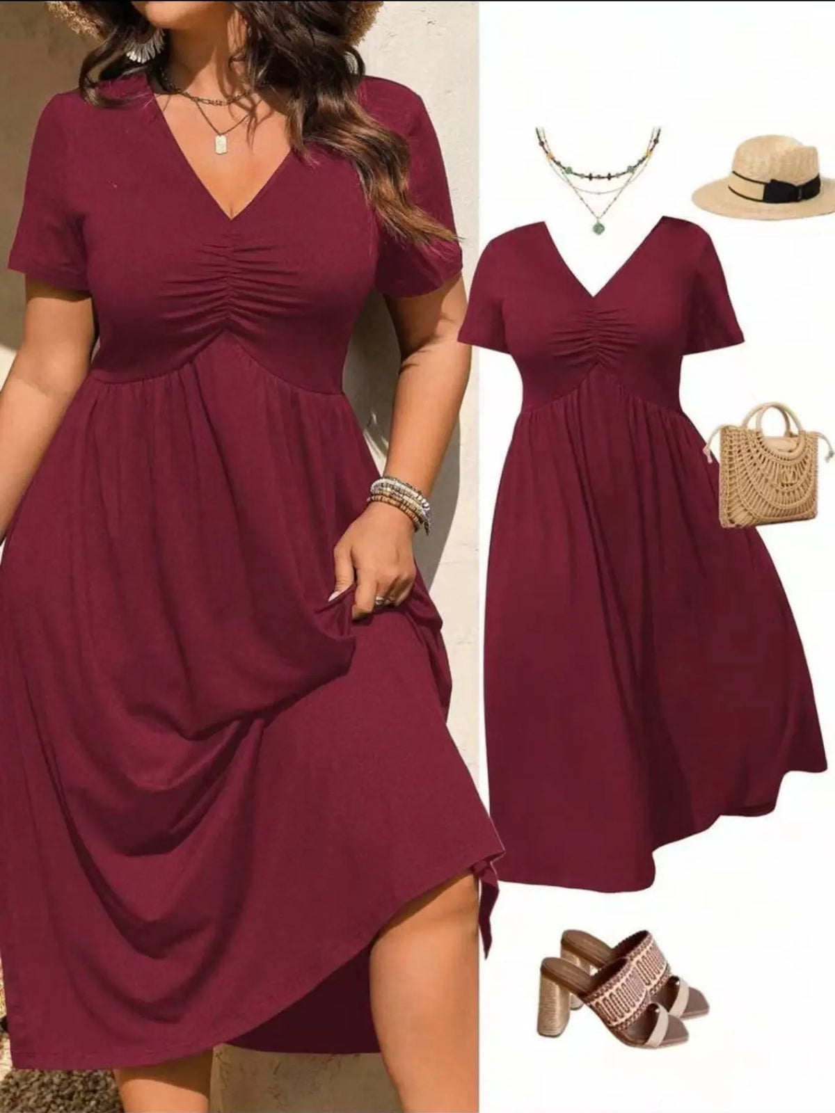 Plus Size Basic V-Neck Ruched Short Sleeve Midi Dress, Casual Summer Flowy A-Line Dress, Women's Fashion Clothing, Casual Wear