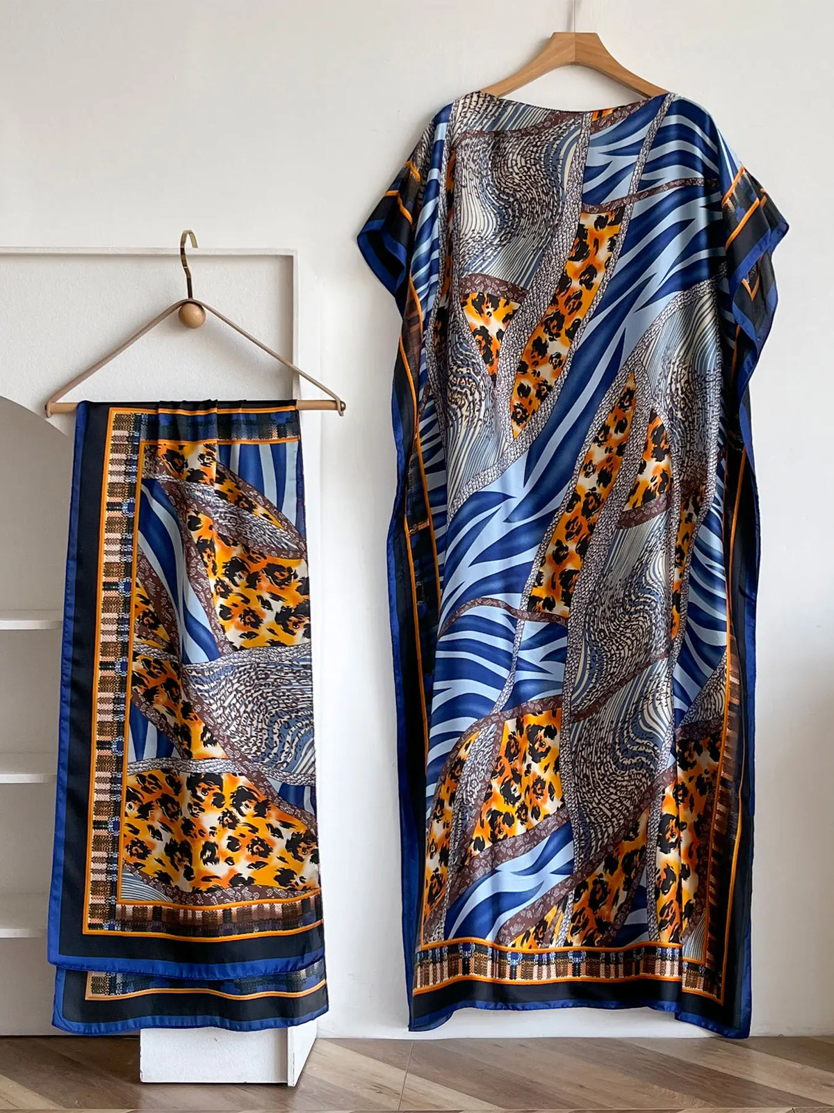 Women's Fashion Print Long Robe Outfit Set, Moomoo Dress + Scarf Headband, Casual Woven Fabric Thin All-Season Wear, Beach Sun Protection