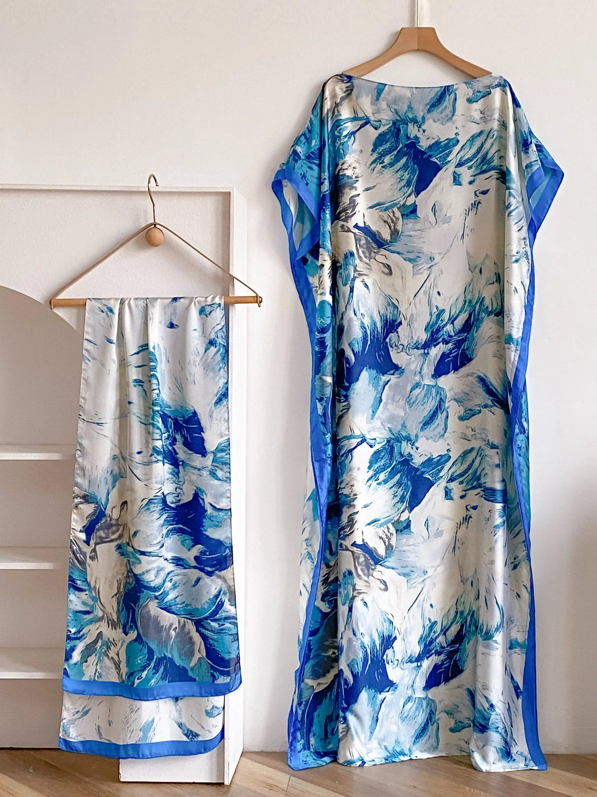 Women's Fashion Print Long Robe Outfit Set, Moomoo Dress + Scarf Headband, Casual Woven Fabric Thin All-Season Wear, Beach Sun Protection