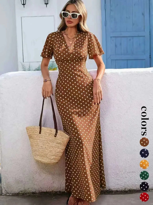 Women's Bohemian Boho Style V-Neck Short Sleeve Long Dress, Summer Casual Polka Dot Vacation Style, New European and American Fashion Casual Wear Boho Dresses
