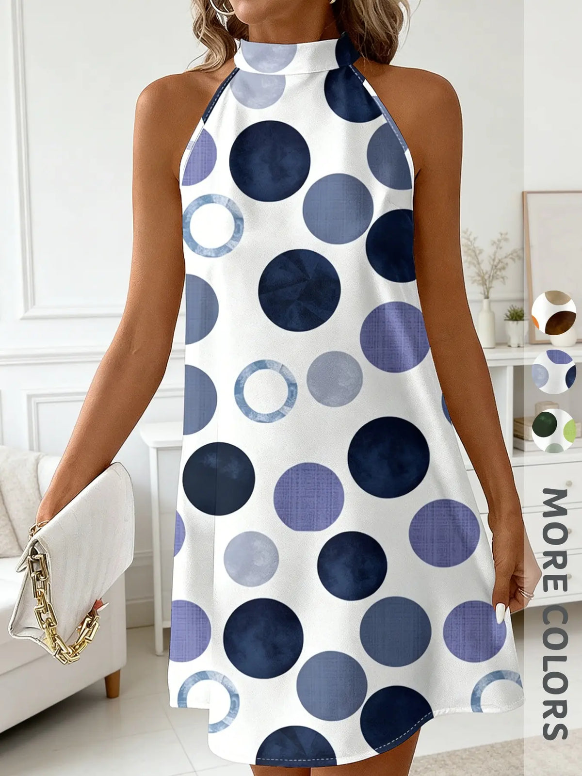 New Summer Women's Halter Dress, Polka Dot Print, Back Tie, Loose A-Line, Knee-Length, Sleeveless, Holiday Style, Unlined, Fashion Sundress