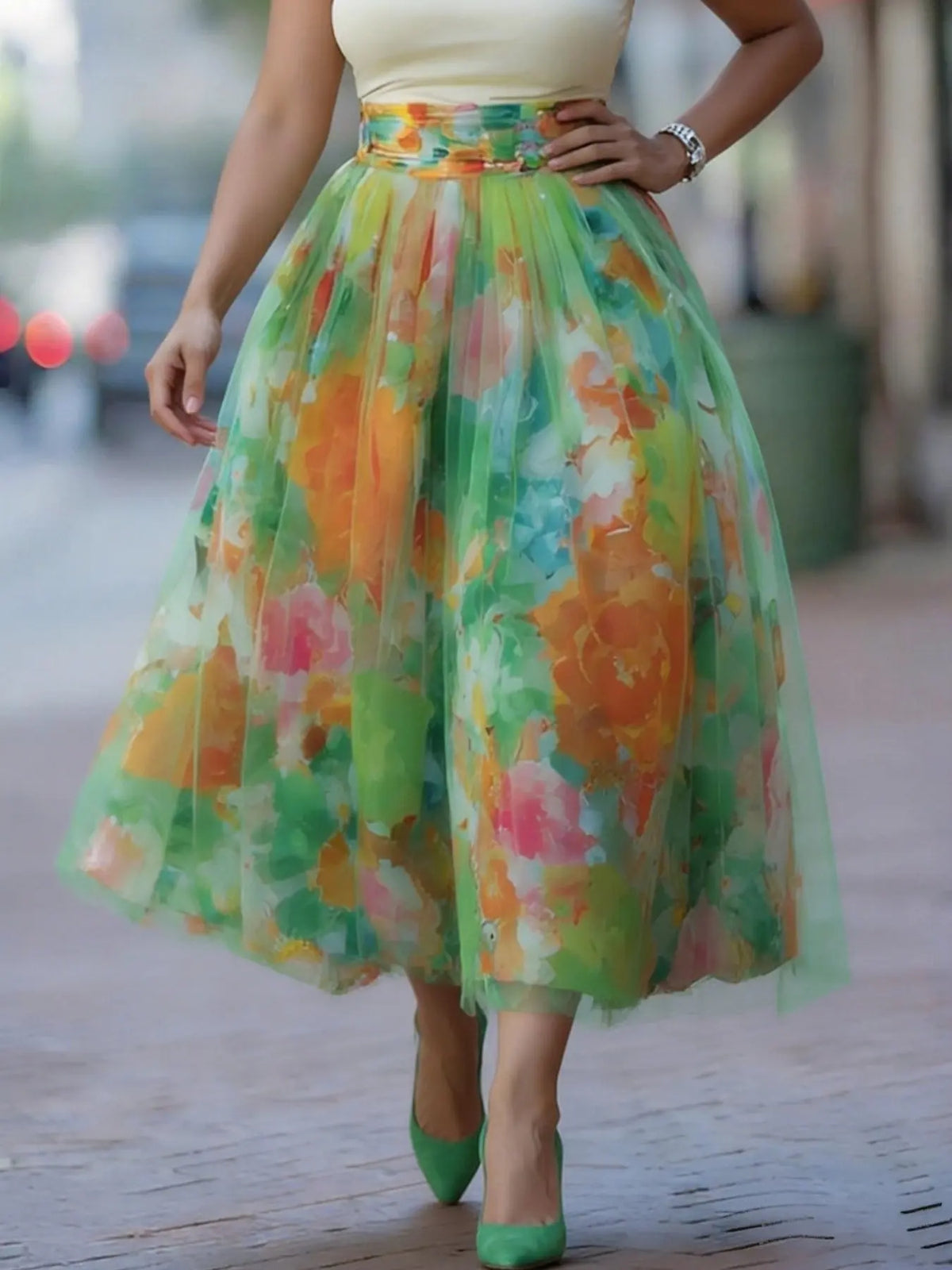 European and American Style Ombre Gradient Floral Pattern Skirt, Casual Everyday Long Skirt, Versatile Summer Wear for Women