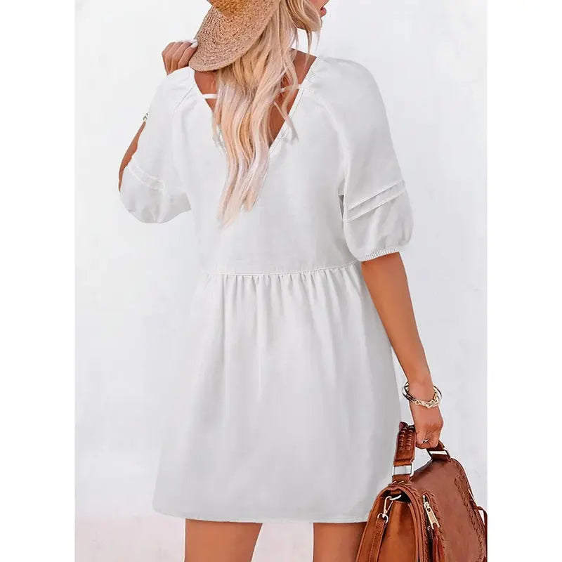 Dokotoo Denim Dress for Women Casual V Neck Puff Short Sleeve Mini Jean Dress Cute Back Tie Summer Dresses