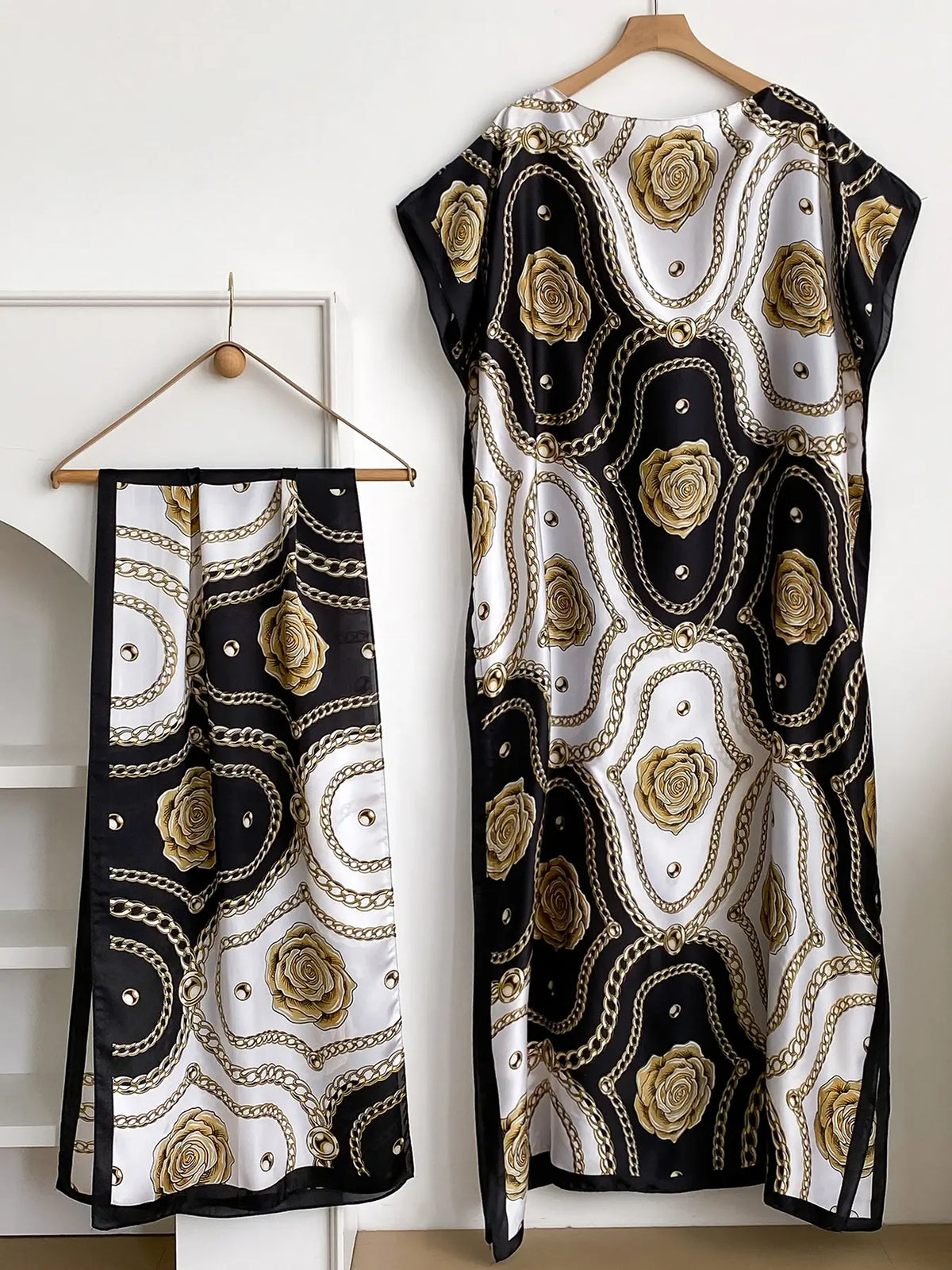Women's Fashion Print Long Robe Outfit Set, Moomoo Dress + Scarf Headband, Casual Woven Fabric Thin All-Season Wear, Beach Sun Protection