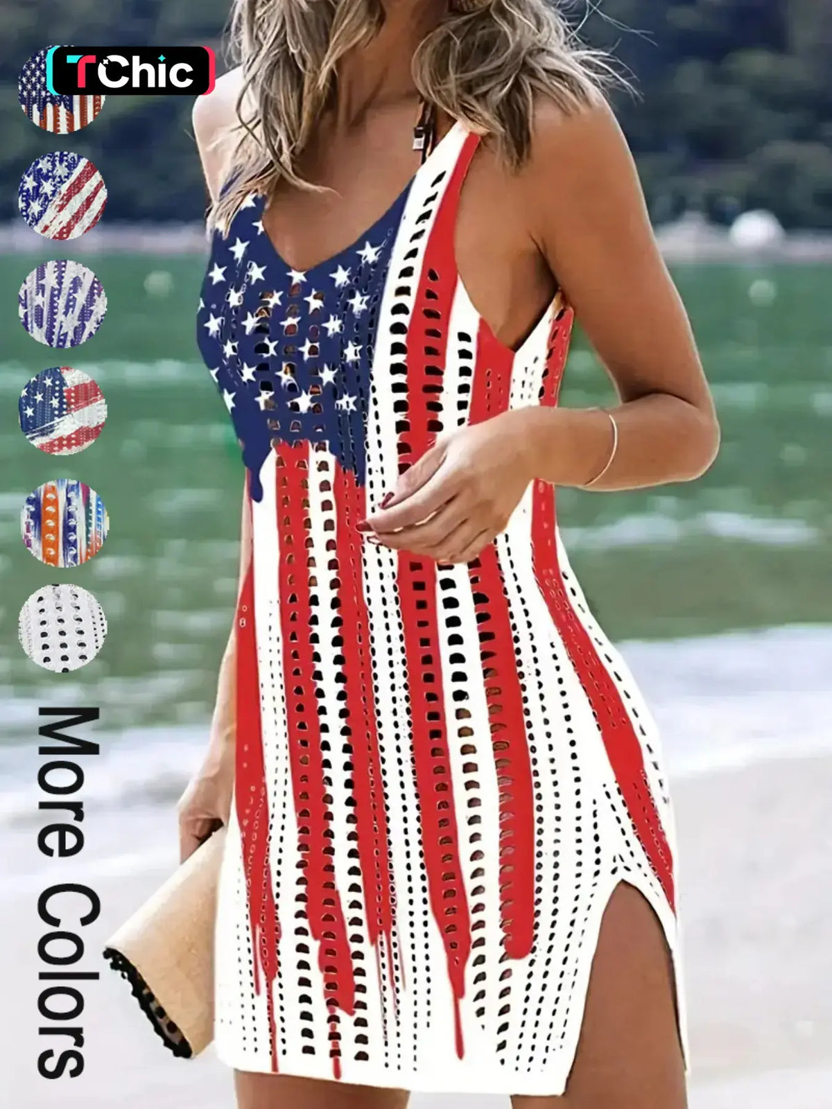 Women's American Flag Pattern Hollow Out Split Thigh Tank Dress, Star & Striped Print Scoop Neck A Line Dress for Summer, Fashion Chic Women's Dress for Beach Holiday, Sleeveless Cutout Dress