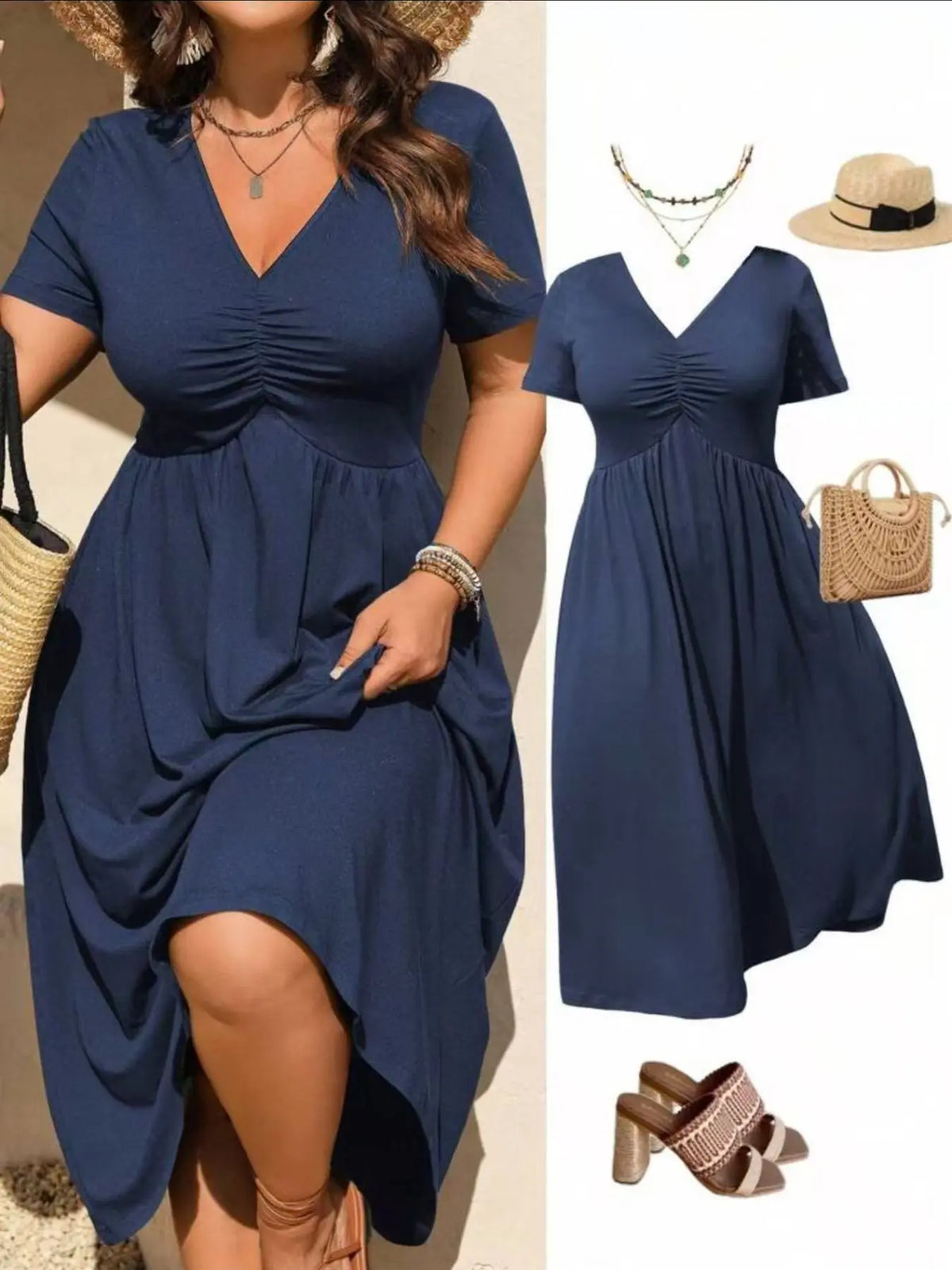 Plus Size Basic V-Neck Ruched Short Sleeve Midi Dress, Casual Summer Flowy A-Line Dress, Women's Fashion Clothing, Casual Wear