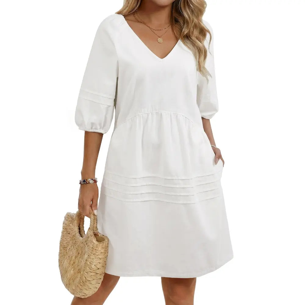 Dokotoo Denim Dress for Women Casual V Neck Puff Short Sleeve Mini Jean Dress Cute Back Tie Summer Dresses