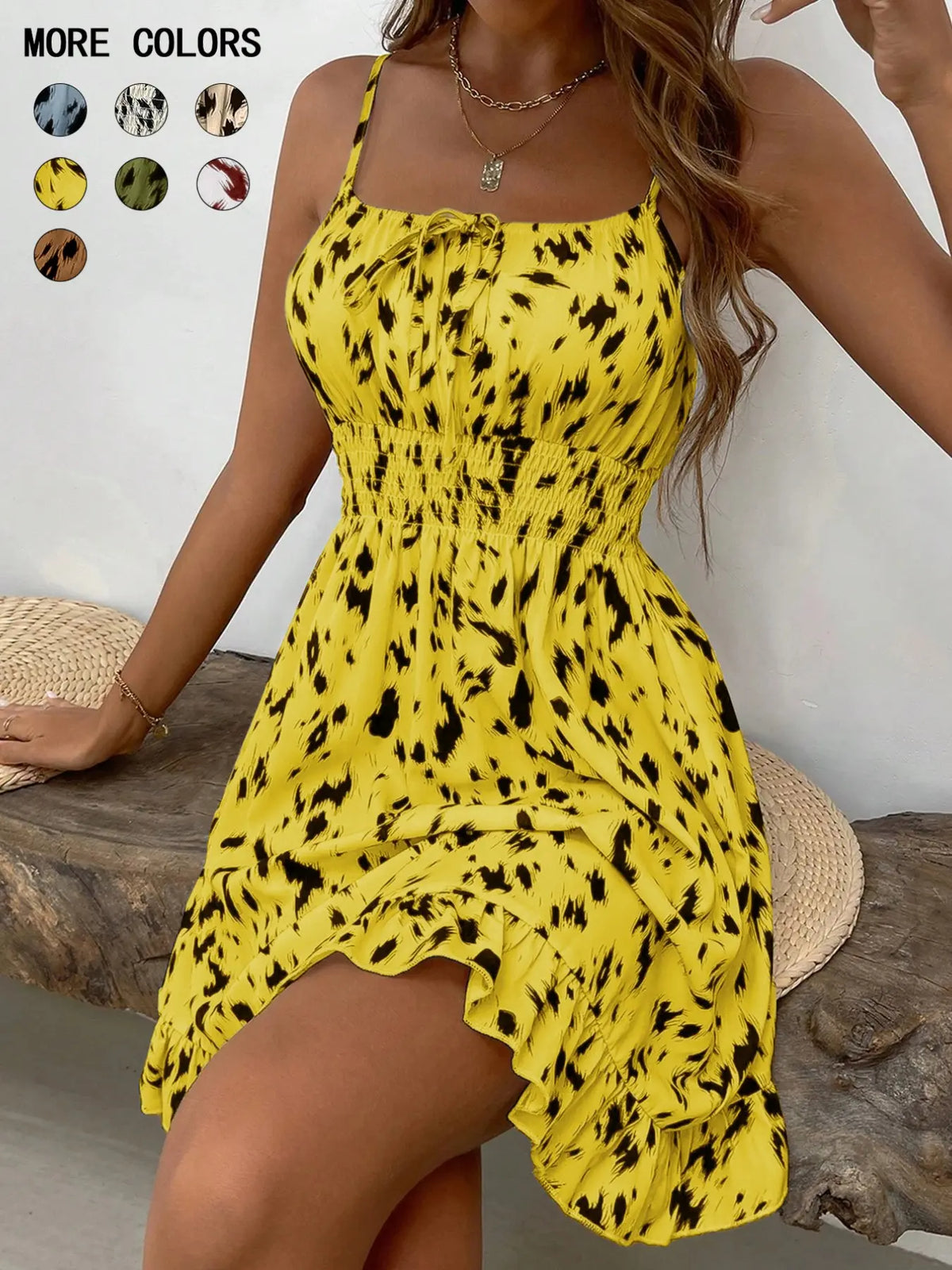 Women's Fashion Print Slim-Fit Mini Dress Spaghetti Strap Design, All-Season Wear, Unlined Comfortable Style Summer Dresses #GLOBAL PICKS