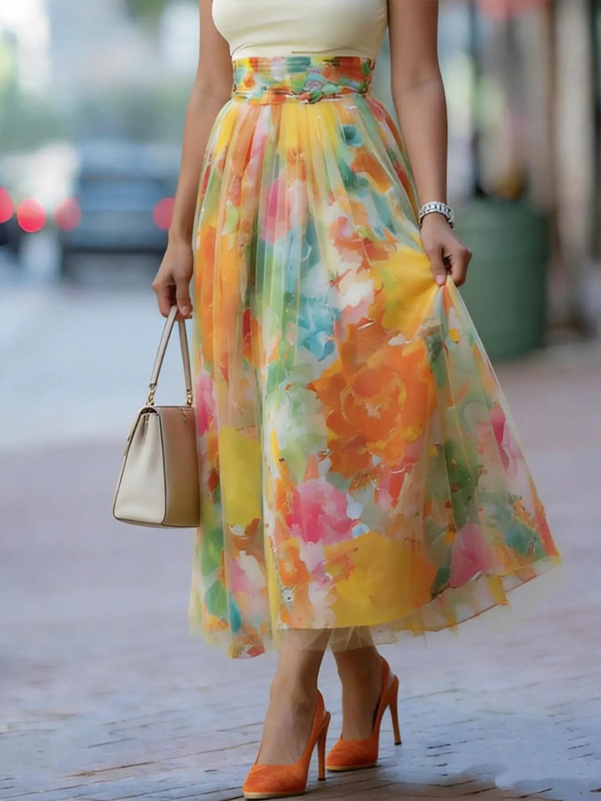 European and American Style Ombre Gradient Floral Pattern Skirt, Casual Everyday Long Skirt, Versatile Summer Wear for Women