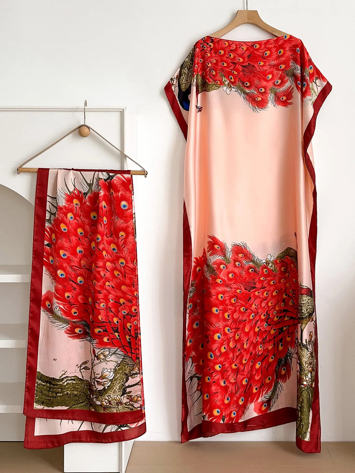 Women's Fashion Print Long Robe Outfit Set, Moomoo Dress + Scarf Headband, Casual Woven Fabric Thin All-Season Wear, Beach Sun Protection