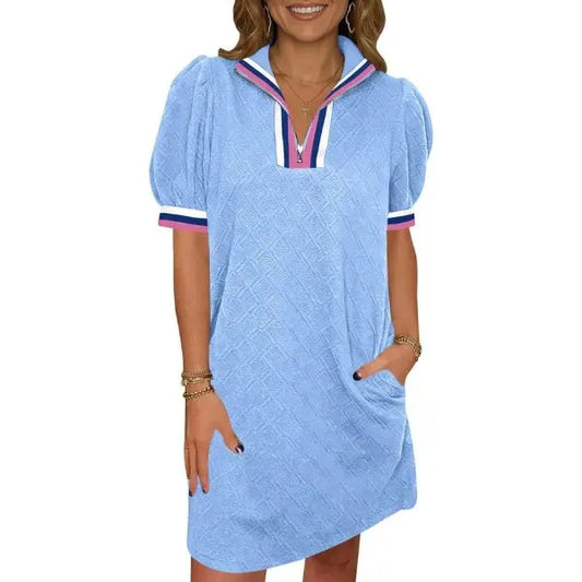 FISOEW Women's Summer Polyester Elastane Short-Sleeve Mini Dress - Quarter-Zip V-Neck, Textured Fabric, Loose-Fit Casual Athletic Wear (Sky)