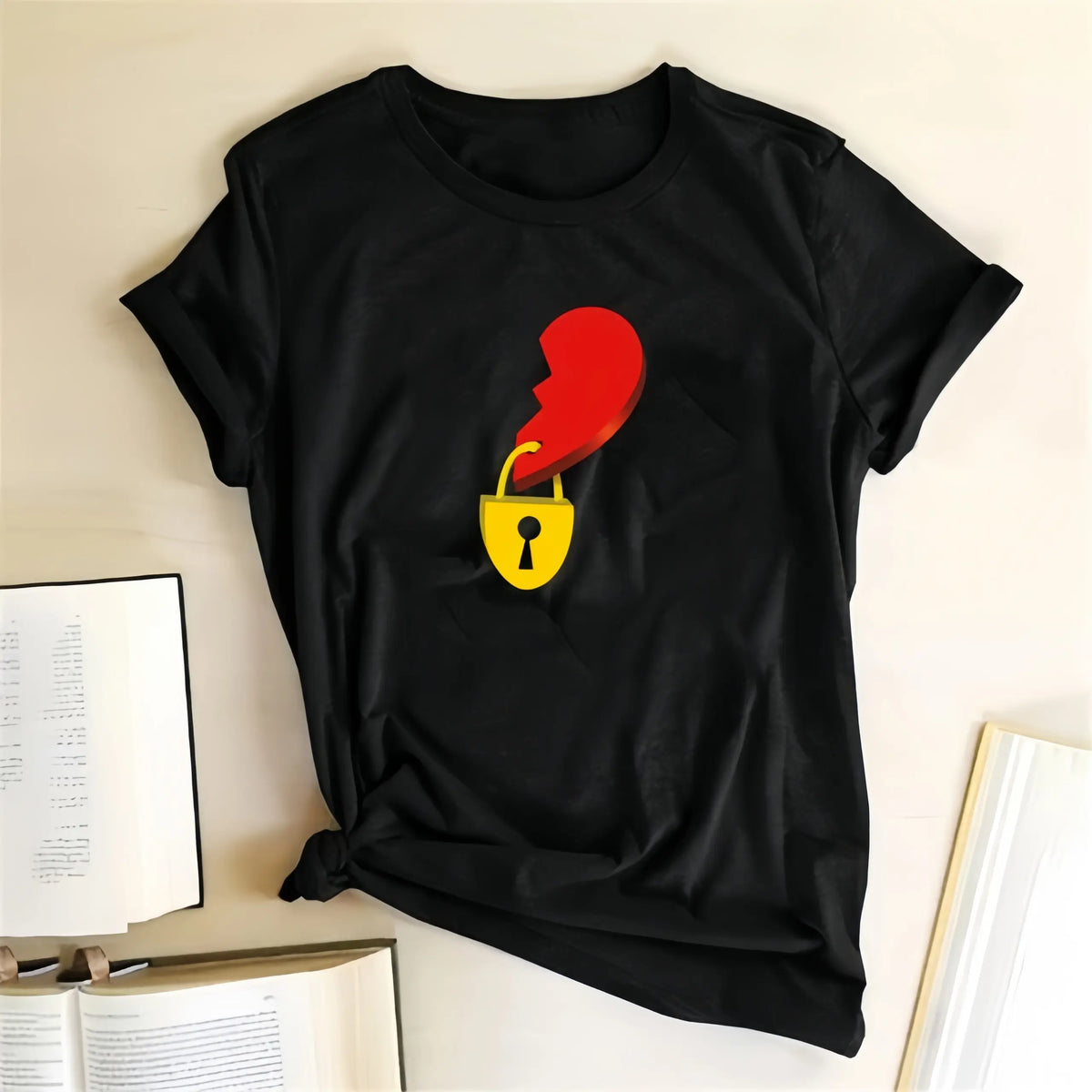 Him and Hers Lock & Key Graphic 2-Piece Casual Cotton Crew Neck T-Shirts Set - Soft Comfortable Tops Clothes for Couples, Anniversary Valentine's Day Gift