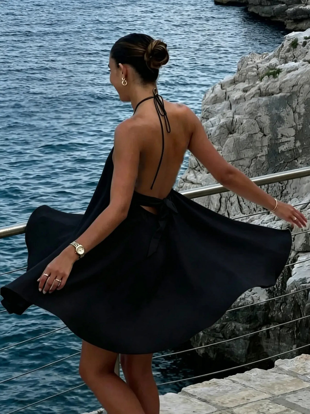 New Women's French Style Chic Tie Backless Sleeveless Dress, Flowy Hollow Out Slim Fit Short Vacation Dress, Womenswear
