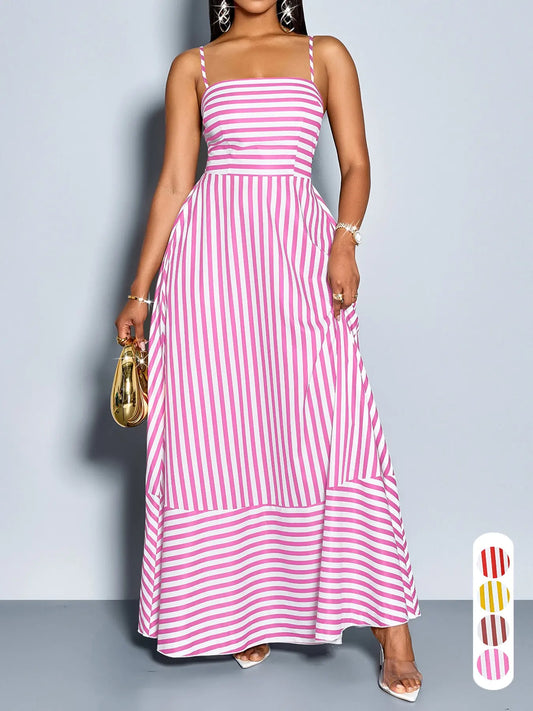 Elegant Casual Boho Chic Striped Sleeveless Dress for Women, Long Flowy Hem, for Spring & Summer, Perfect for Daily Wear, Casual Classy Womenswear