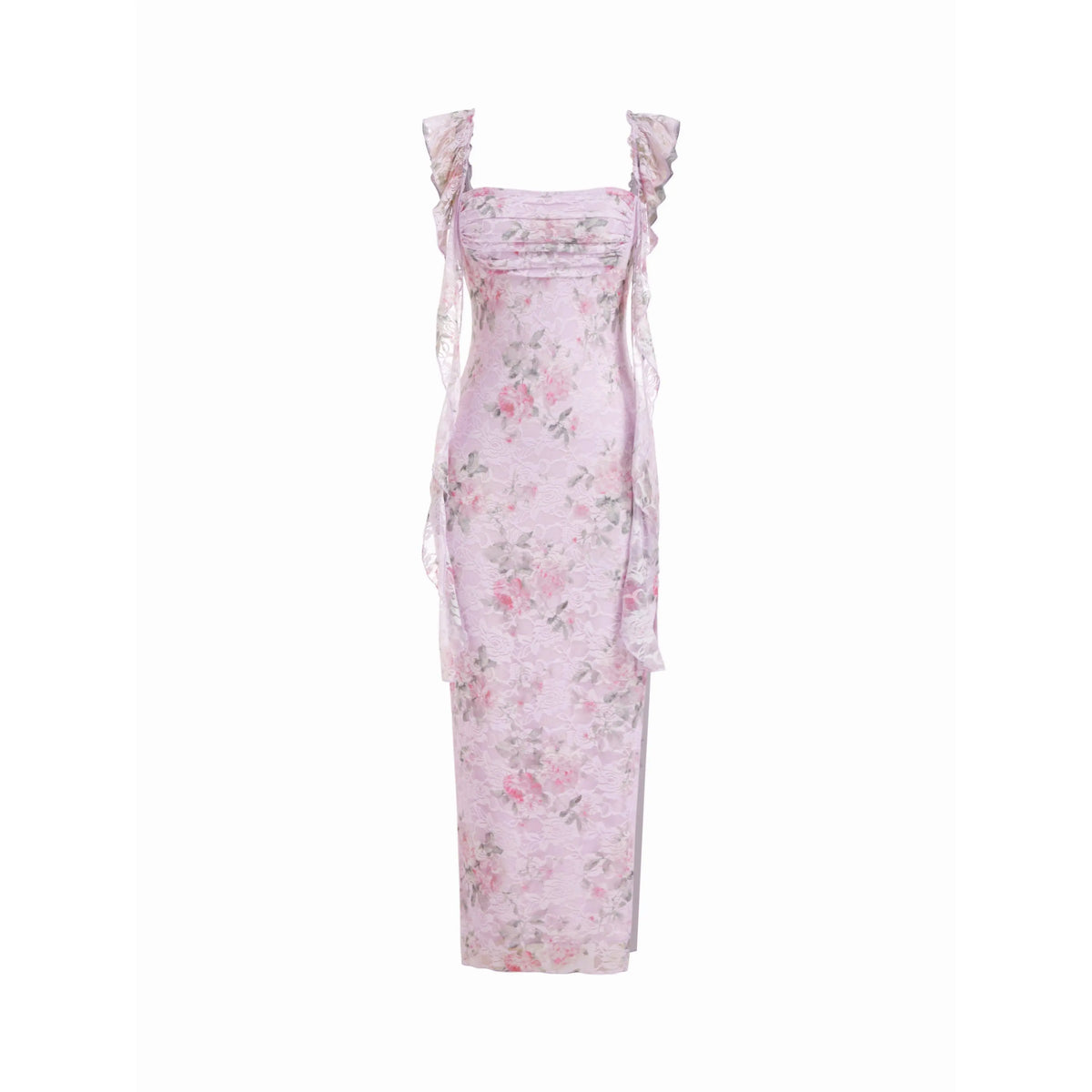 Cider Lace Floral Ruffle Hem Split Maxi Dress