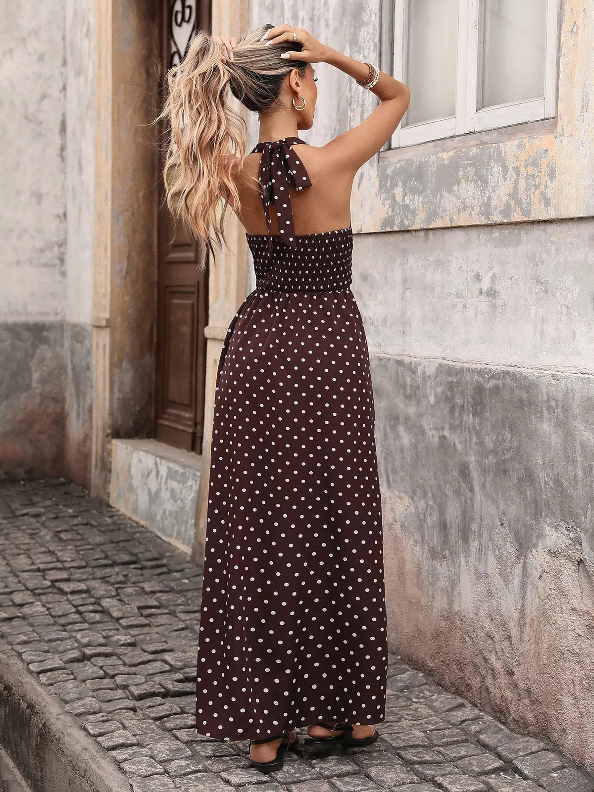 French Polka Dot Halter Dress for Women, Summer Backless Waist Cinching Slimming Elegance Vacation Long Dress, Casual Chic Sleeveless, Casual Wear, Stylish and Comfortable, Polka Dot Dresses
