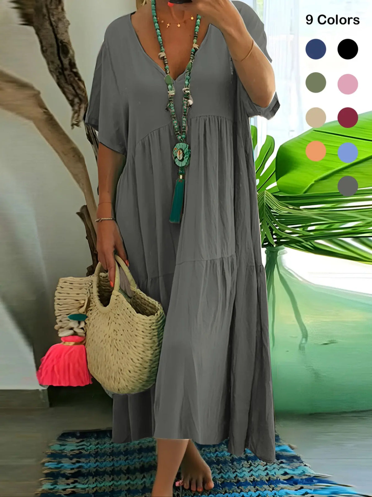 Plus Size Women's Summer Casual Loose V-Neck Plain Long Dress Boho Style, Short Sleeve, Tiered Layer, Spring & Fall Fashion Vibe