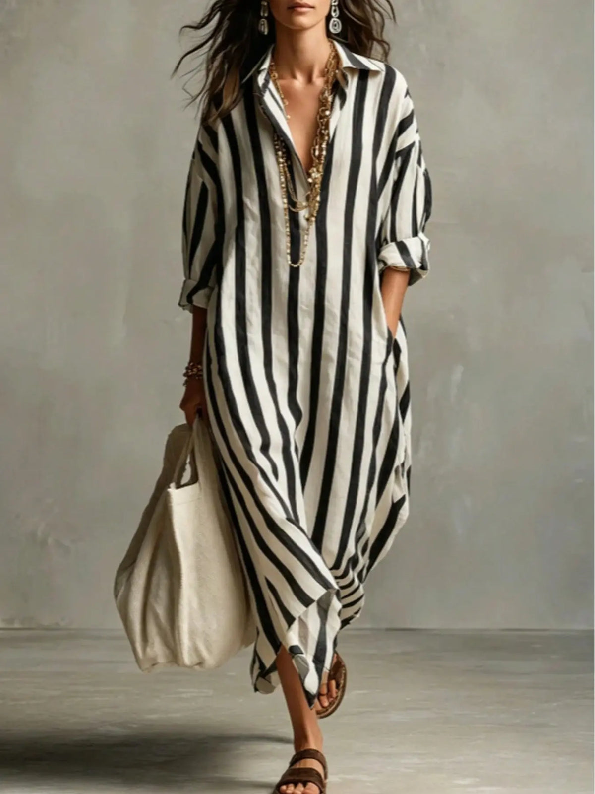 Summer Lightweight Loose Striped Long Shirt Dress, Women's Comfortable Stylish Collared Three-Quarter Sleeve Pocket Dress, Comfortable and Stylish, Casual Comfy Fashion