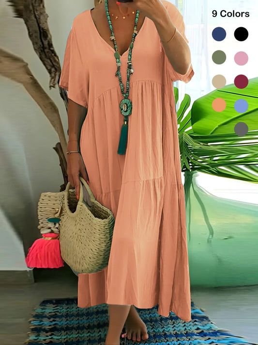 Plus Size Women's Summer Casual Loose V-Neck Plain Long Dress Boho Style, Short Sleeve, Tiered Layer, Spring & Fall Fashion Vibe