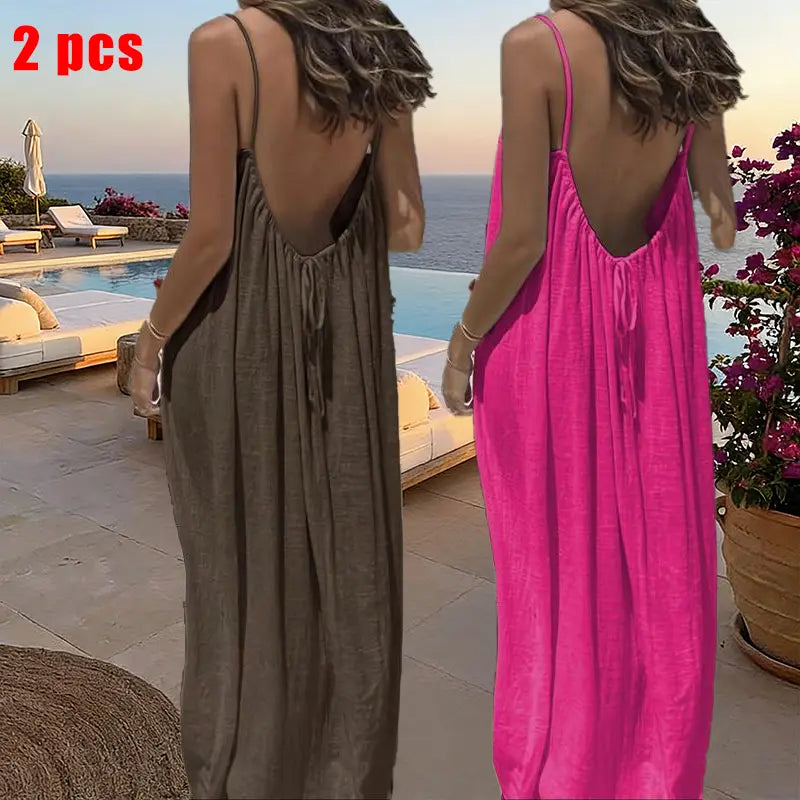 GYNLEUX Women's Basic Solid Color Backless Cami Dress - 1-3 Pcs, Comfortable Fabric Casual Women's Clothing for Summer Beach Holiday Sleeveless Dress, Backless Dress