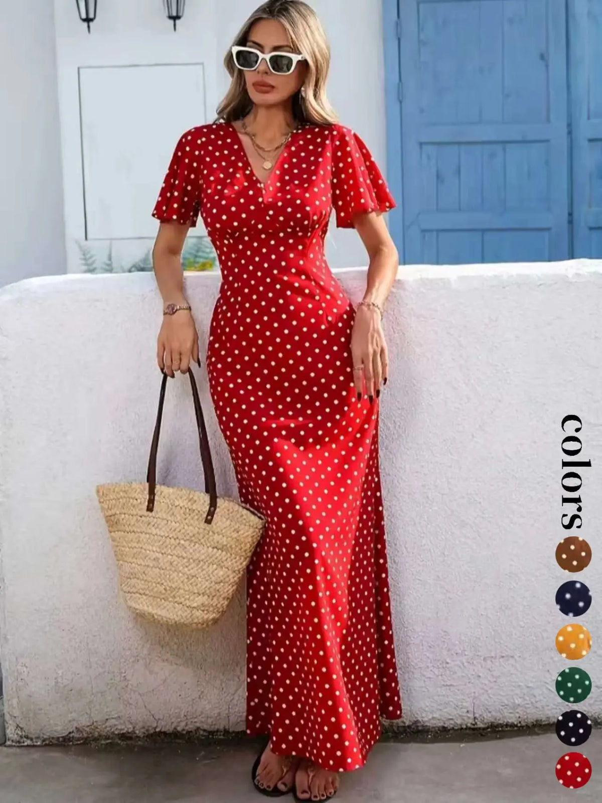 Women's Bohemian Boho Style V-Neck Short Sleeve Long Dress, Summer Casual Polka Dot Vacation Style, New European and American Fashion Casual Wear Boho Dresses