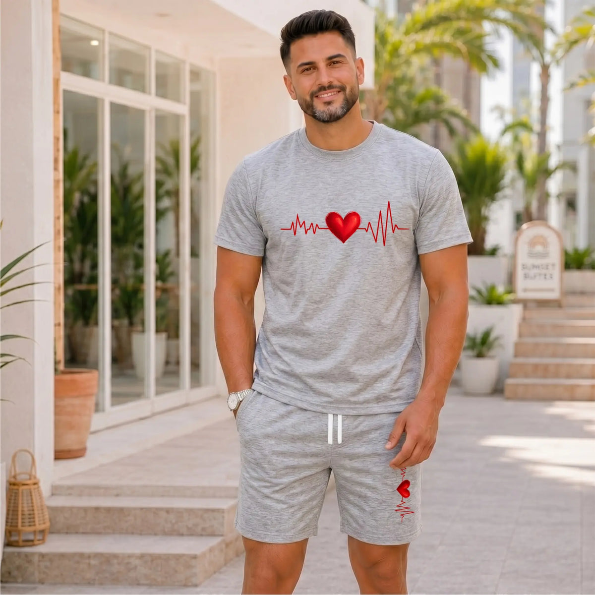 Women's Loose 2-Piece Style Set - Short-Sleeve Breathable Romantic Heart Graphic T-Shirt & Soft Fabric Drawstring Shorts, Everyday Casual Summer Outfit for Home & Outdoor Activities