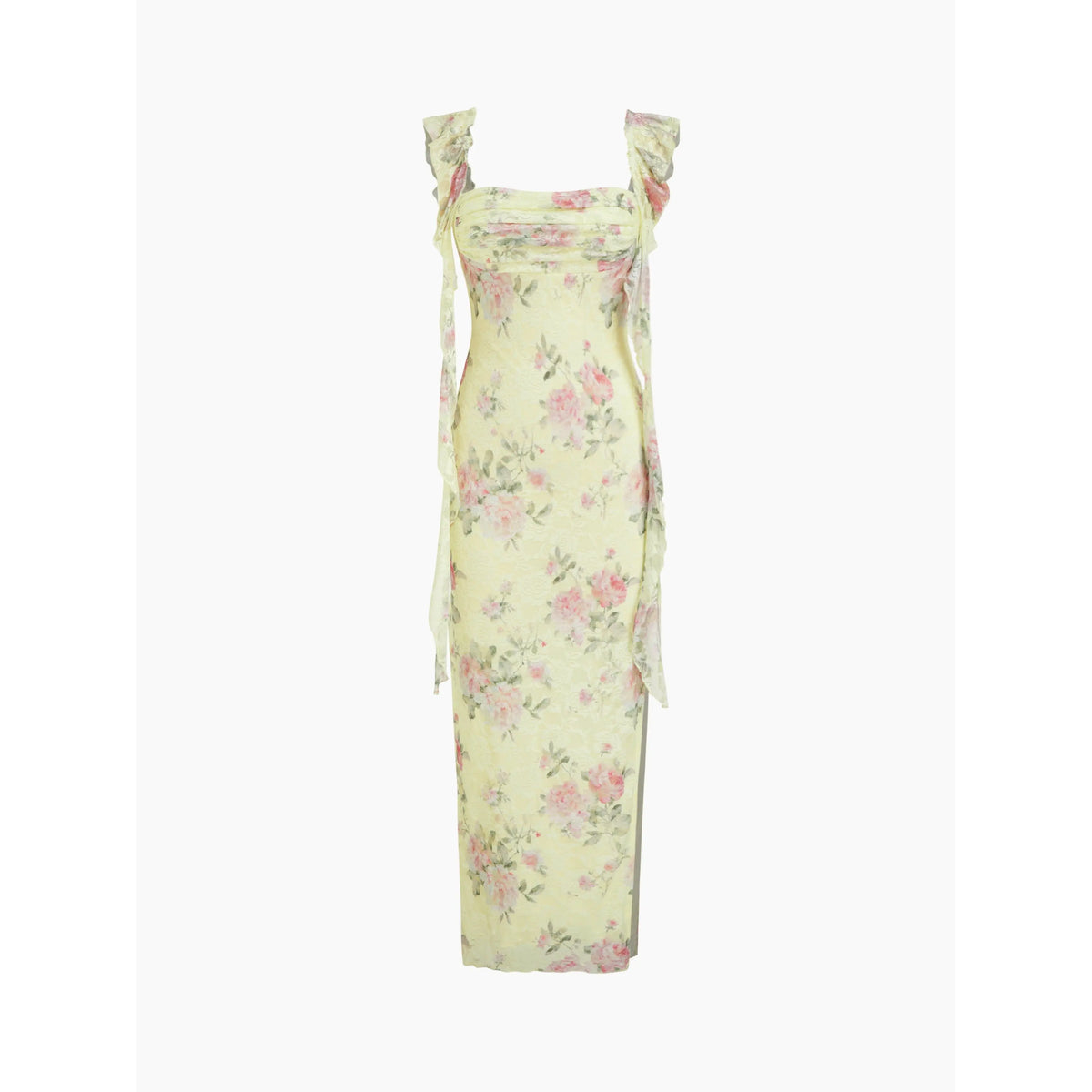 Cider Lace Floral Ruffle Hem Split Maxi Dress