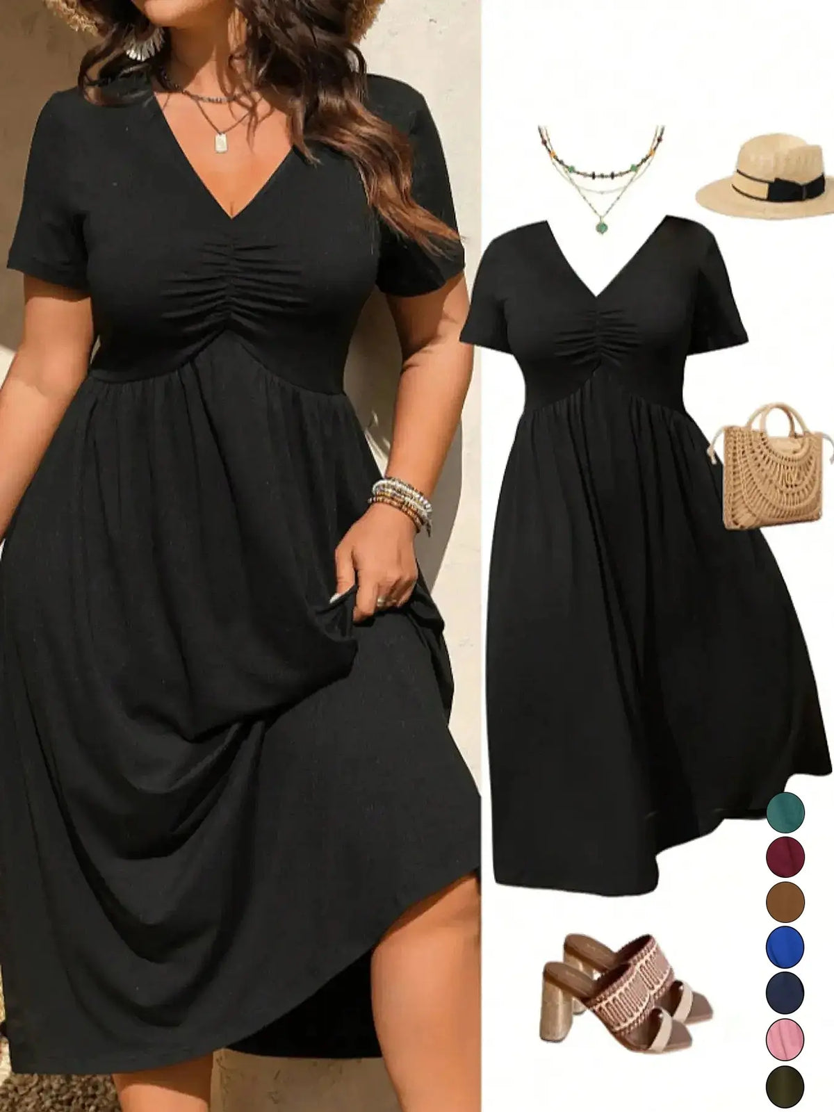 Plus Size Basic V-Neck Ruched Short Sleeve Midi Dress, Casual Summer Flowy A-Line Dress, Women's Fashion Clothing, Casual Wear