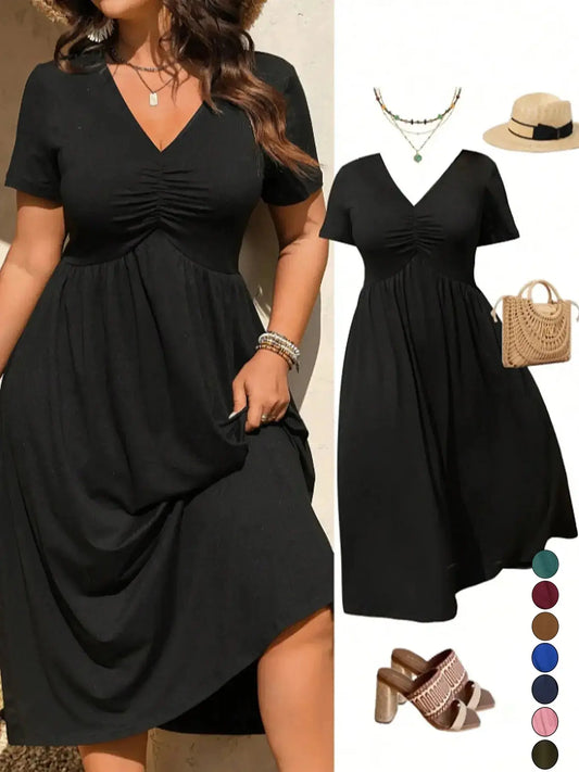 Plus Size Basic V-Neck Ruched Short Sleeve Midi Dress, Casual Summer Flowy A-Line Dress, Women's Fashion Clothing, Casual Wear